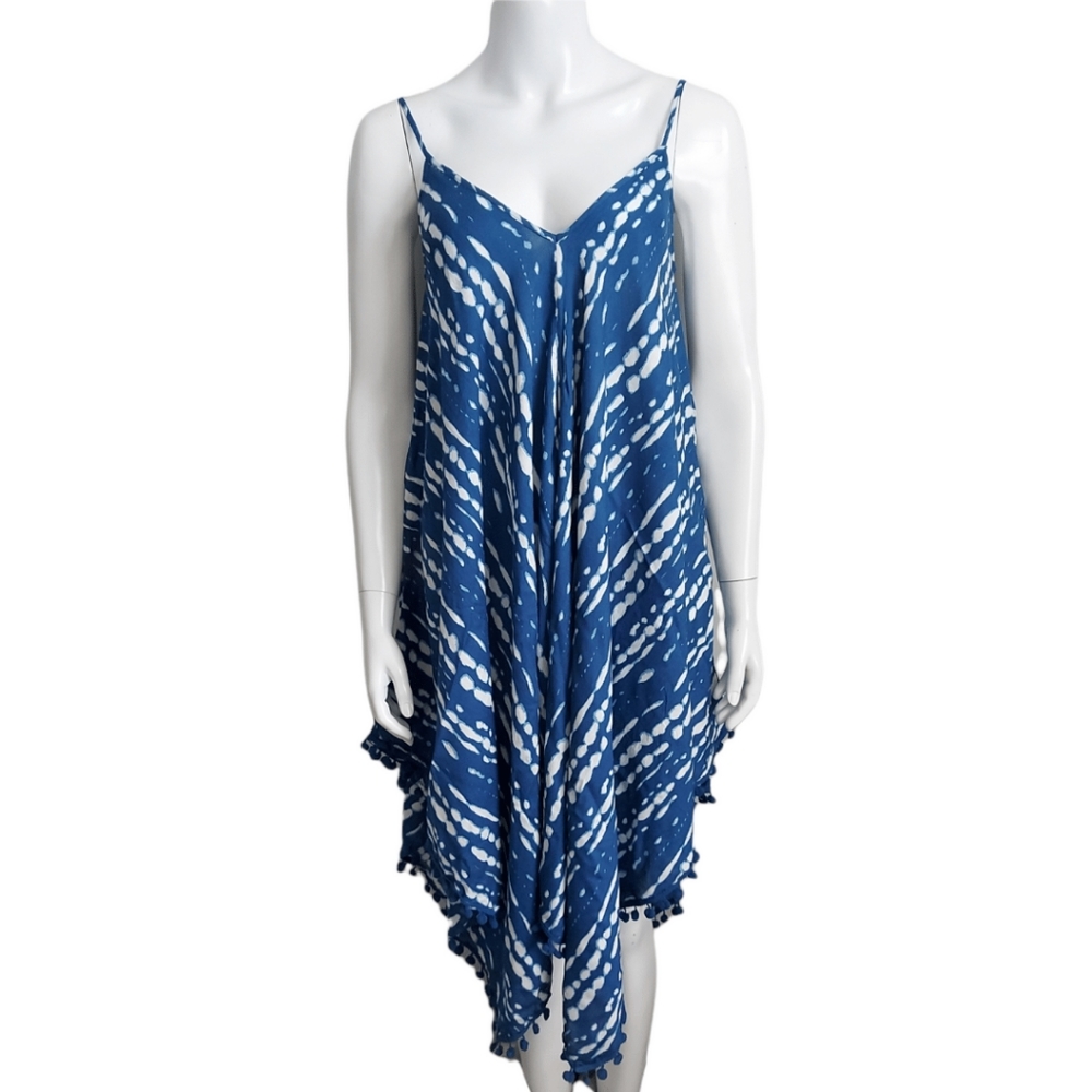 Japna Goa Beachwear Tie Dye Cover Up Dress Pom Pom Sundress Sz Small Blue White